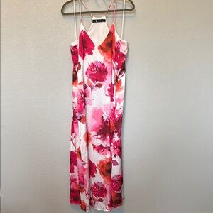 Floral White, Pink and Red Maxi Dress - Size Large - Shelf bra, no zipper